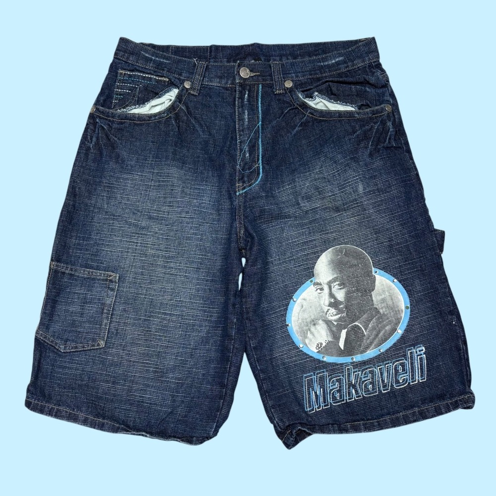 Makaveli Branded Tupac 2Pac Denim Carpenter Shorts Dark Wash Men 36 Baggy Y2K